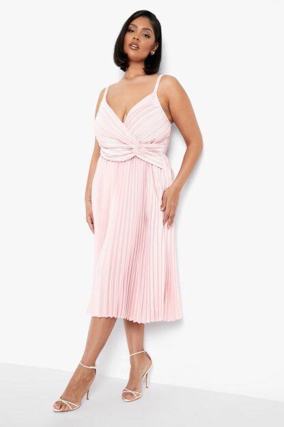 Womens Plus Pleated Satin Twist Detail Midi Dress - Pink - 28, Pink