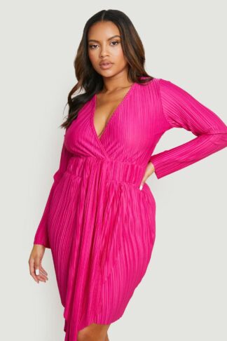 Womens Plus Plisse Drape Wrap Dress - Pink - 16, Pink