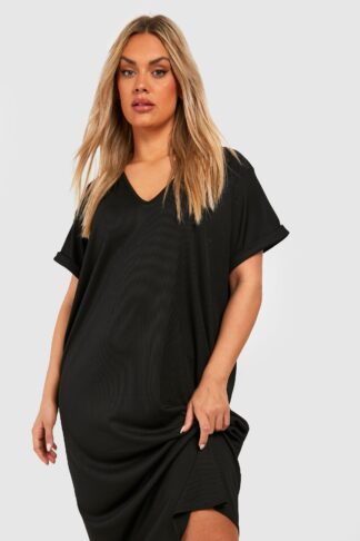 Womens Plus Rib V Neck Midaxi T-Shirt Dress - Black - 16, Black