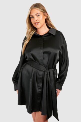 Womens Plus Satin Tie Belt Shirt Dress - Black - 16, Black