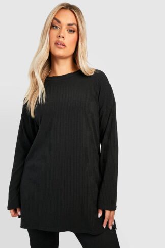 Womens Plus Soft Rib Long Sleeve Tunic Top - Black - 16, Black