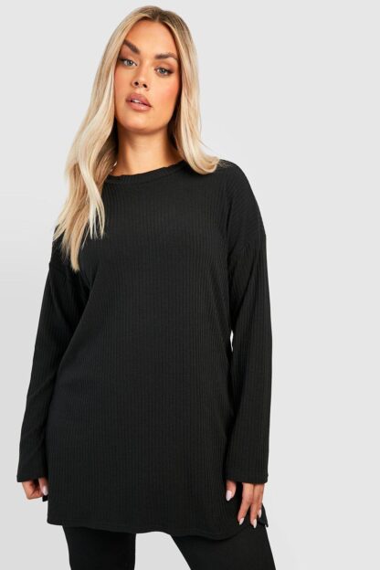 Womens Plus Soft Rib Long Sleeve Tunic Top - Black - 16, Black