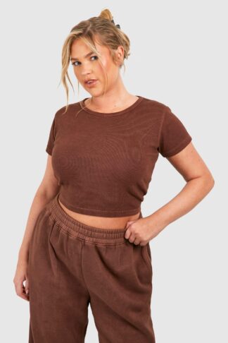 Womens Plus Washed Crew Neck Rib T-Shirt - Brown - 22, Brown