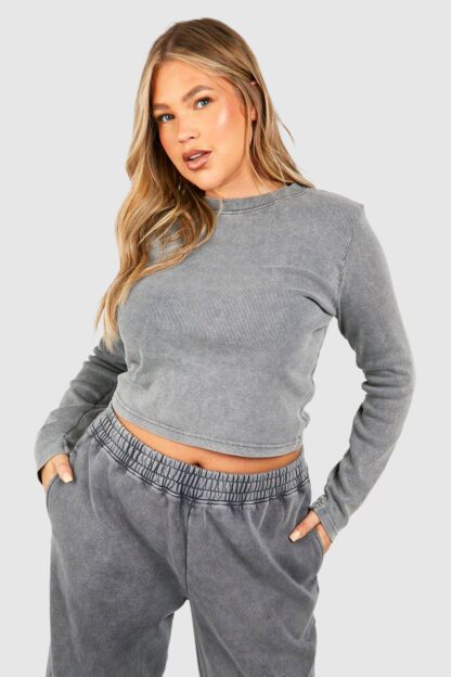 Womens Plus Washed Long Sleeve Crew Neck Rib Top - Grey - 22, Grey