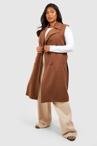 Womens Plus Woven Sleeveless Longline Belted Trench - Orange - 16, Orange