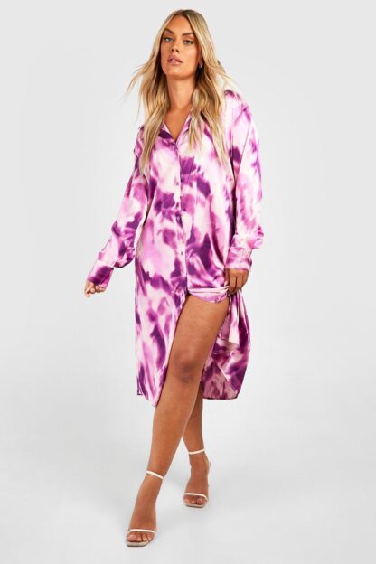 Womens Plus Abstract Print Satin Midi Shirt Dress - Purple - 22, Purple