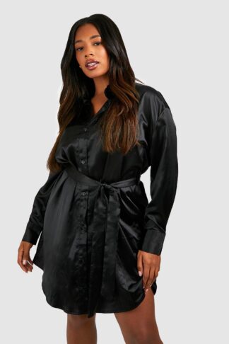 Womens Plus Belted Satin Shirt Dress - Black - 16, Black