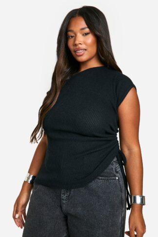 Womens Plus Brushed Rib Asymmetric Ruched Side Top - Black - 16, Black