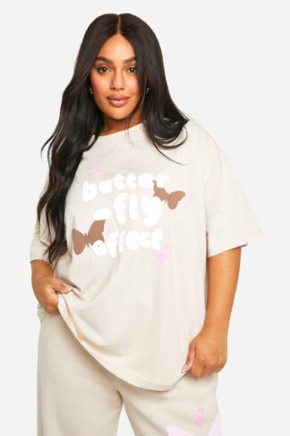 Womens Plus Butterfly Puff Print Oversized T-Shirt - Beige - 16, Beige