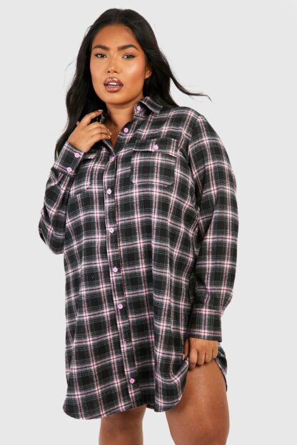 Womens Plus Checked Long Sleeve Shirt Dress - Pink - 18, Pink