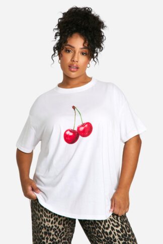 Womens Plus Cherry Printed Oversized T-Shirt - White - 16, White