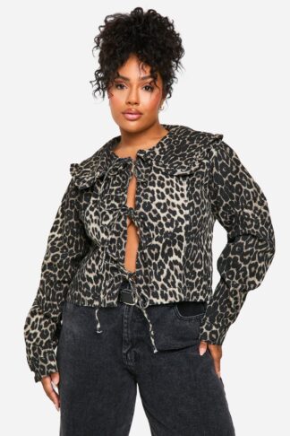 Womens Plus Collar Detail Leopard Bow Front Denim Jacket - Multi - 16, Multi