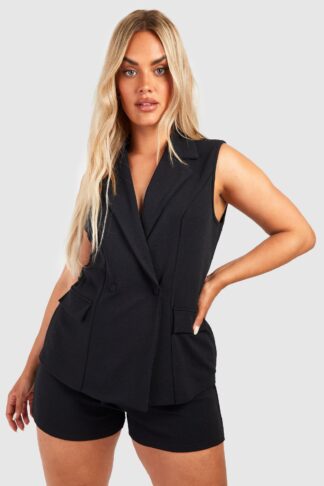 Womens Plus Crepe Sleeveless Blazer & Short Set - Black - 20, Black