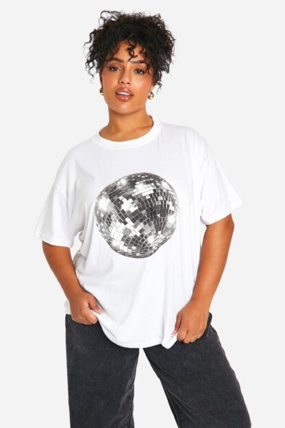 Womens Plus Disco Ball Printed Oversized T-Shirt - White - 16, White