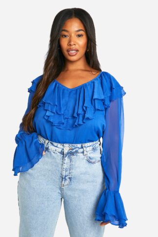 Womens Plus Extreme Ruffle Chiffon Blouse - Blue - 16, Blue