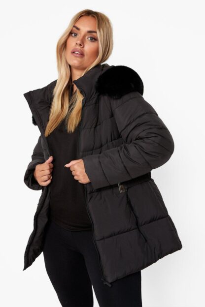 Womens Plus Faux Fur Trim Belted Puffer Jacket - Black - 28, Black