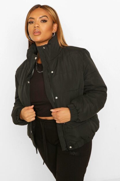 Womens Plus Funnel Neck Puffer Jacket - Black - 22, Black