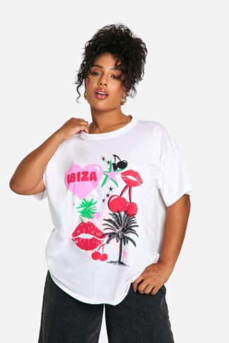 Womens Plus Ibiza Printed Oversized T-Shirt - White - 16, White