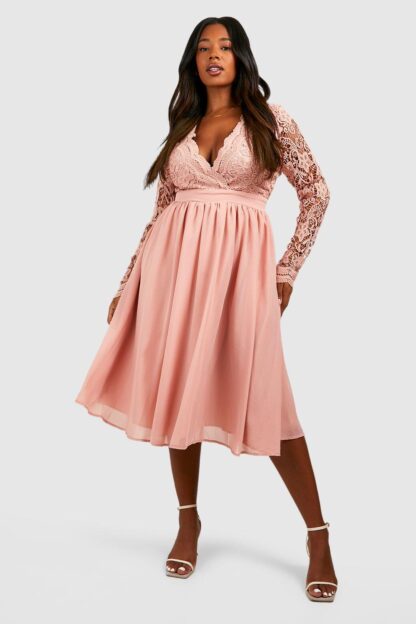 Womens Plus Lace Midi Skater Dress - Pink - 18, Pink