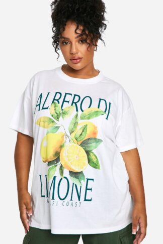 Womens Plus Lemon Printed Oversized T-Shirt - White - 16, White