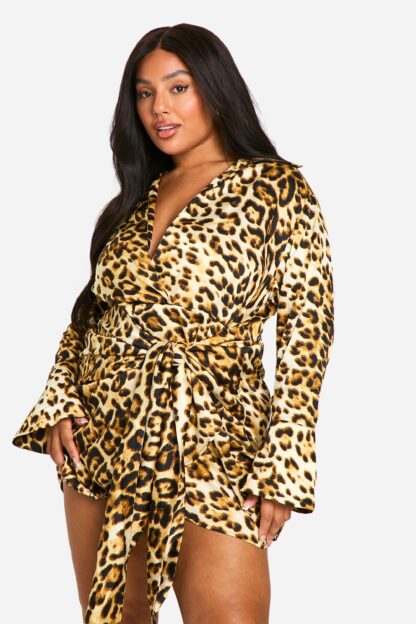 Womens Plus Leopard Tie Waist Shirt Wrap Dress - Multi - 16, Multi