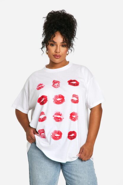 Womens Plus Lips Printed Oversized T-Shirt - White - 16, White