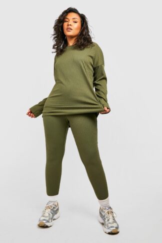 Womens Plus Oversized Rib Top And Legging Co-Ord - Green - 18, Green