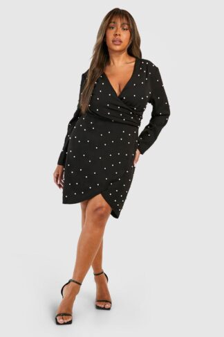 Womens Plus Pearl Detail Wrap Dress - Black - 16, Black