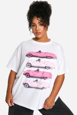 Womens Plus Pink Cars Printed Oversized T-Shirt - White - 16, White