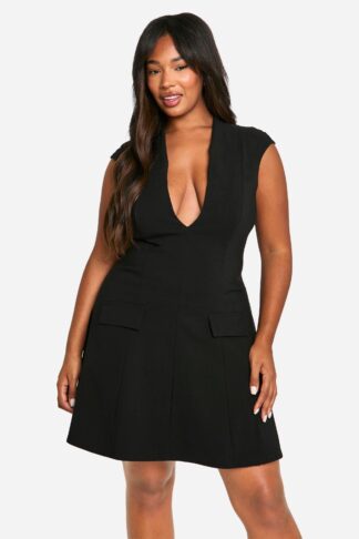 Womens Plus Plunge Pocket Detail Skater Dress - Black - 16, Black