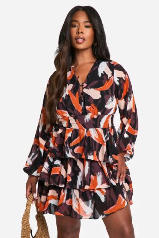 Womens Plus Printed Chiffon Ruffle Skater Dress - Orange - 16, Orange