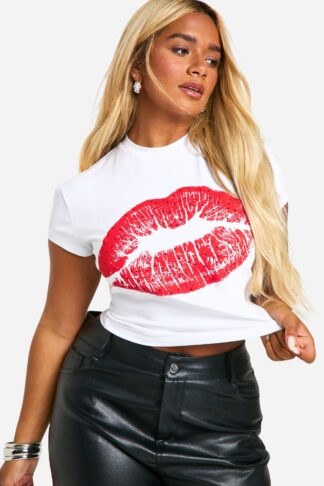 Womens Plus Rhinestone Lips Cap Sleeve T-Shirt - White - 16, White