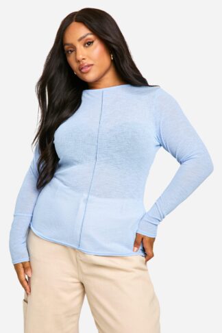 Womens Plus Ribbed Seam Detail Long Sleeve Tops - Blue - 16, Blue