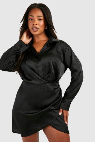 Womens Plus Satin Collar Shirt Wrap Dress - Black - 16, Black