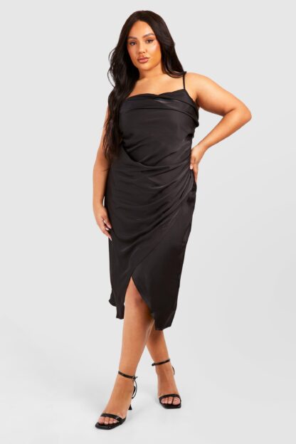 Womens Plus Satin Drape Front Midaxi Slip Dress - Black - 16, Black