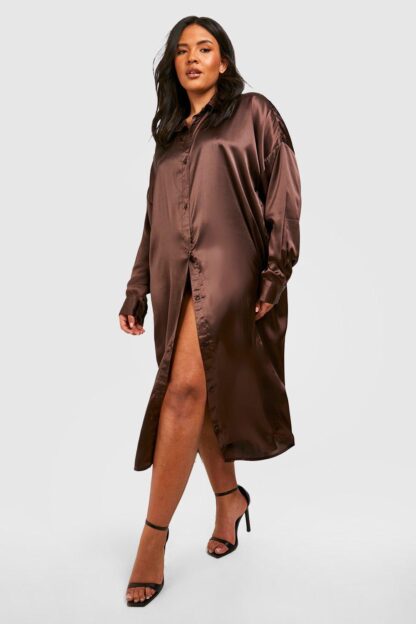 Womens Plus Satin Midi Shirt Dress - Brown - 26, Brown