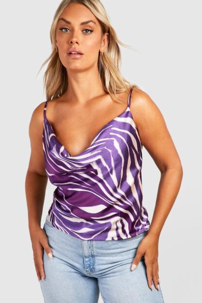 Womens Plus Satin Zebra Print Cowl Neck Cami Top - Purple - 16, Purple