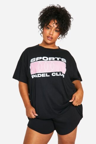 Womens Plus Sports Padel Club Printed Oversized T-Shirt - Black - 16, Black