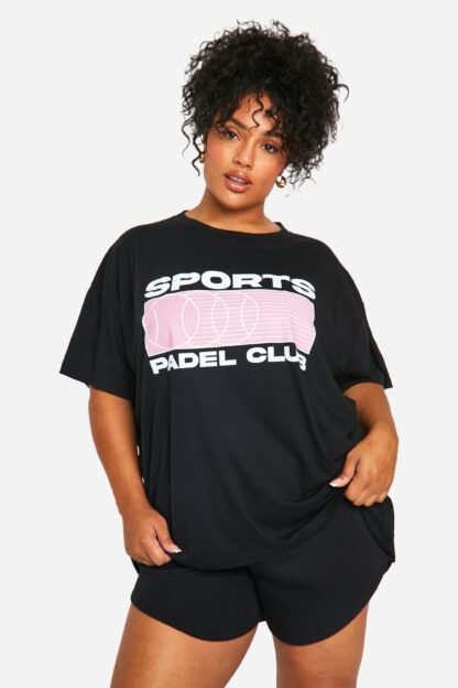 Womens Plus Sports Padel Club Printed Oversized T-Shirt - Black - 16, Black