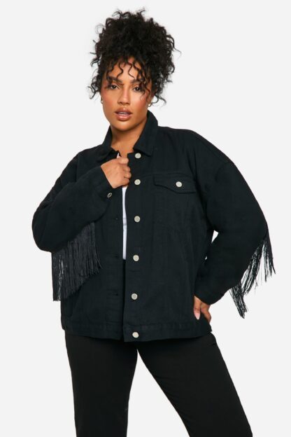 Womens Plus Tassel Washed Denim Jacket - Black - 16, Black