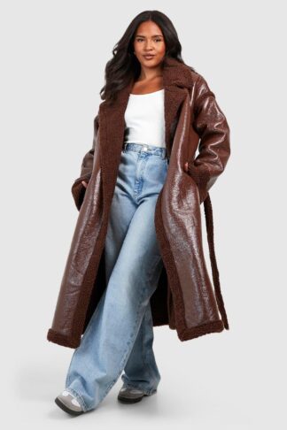 Womens Plus Teddy Trim Vinyl Belted Coat - Brown - 16, Brown