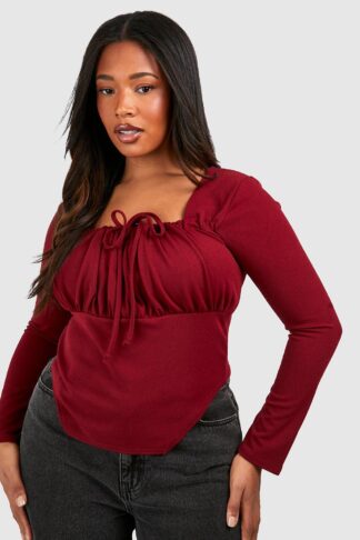 Womens Plus Tie Front Long Sleeve Corset Top - Red - 18, Red