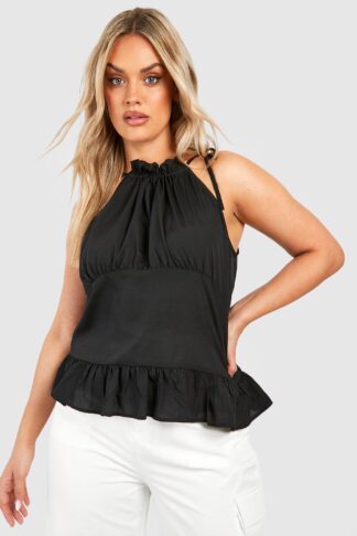 Womens Plus Tie Strap Ruffle Detail Cami Top - Black - 16, Black