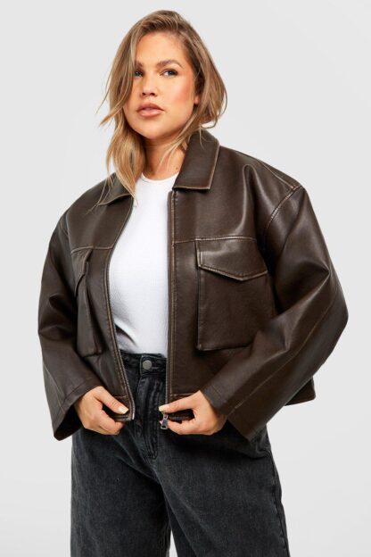 Womens Plus Vintage Look Faux Leather Pocket Detail Jacket - Brown - 20, Brown