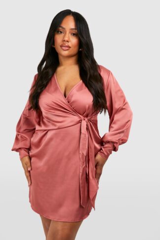 Womens Plus Wrap Satin Dress - Pink - 16, Pink