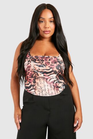 Womens Plus Bengaline Mixed Leopard Print Corset Top - Multi - 16, Multi