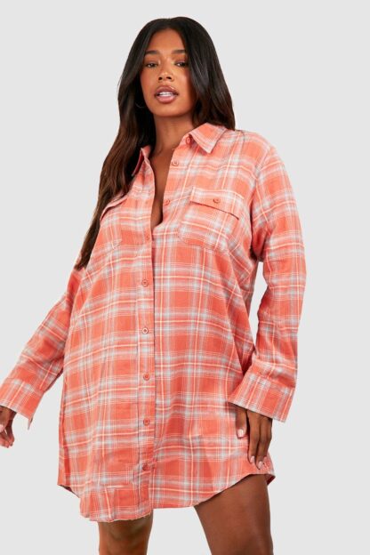 Womens Plus Checked Long Sleeve Shirt Dress - Orange - 20, Orange