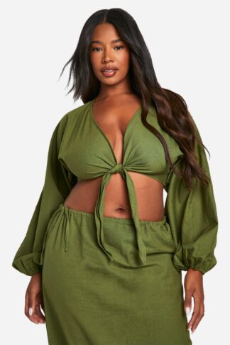 Womens Plus Cotton Tie Front Crop Top - Green - 16, Green