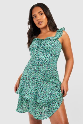 Womens Plus Disty Floral Off Shoulder Milkmaid Skater Dress - Green - 16, Green