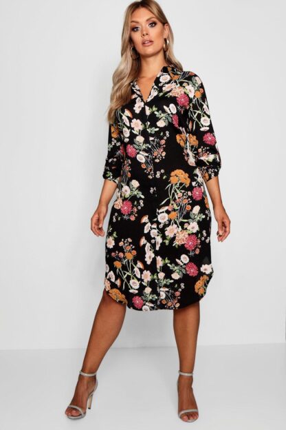 Womens Plus Floral Printed Shirt Dress - Black - 18, Black